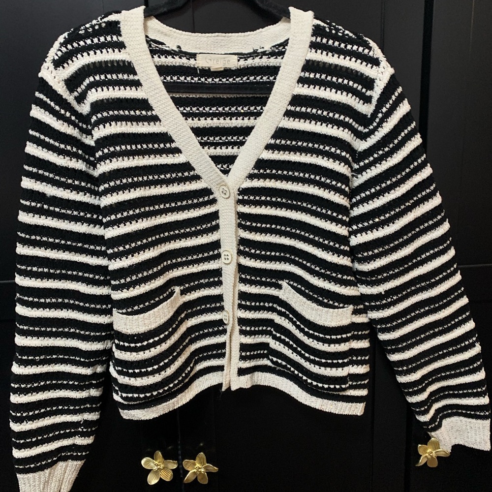 Greige Striped Women's Cardigan size large preppy old money office tailored